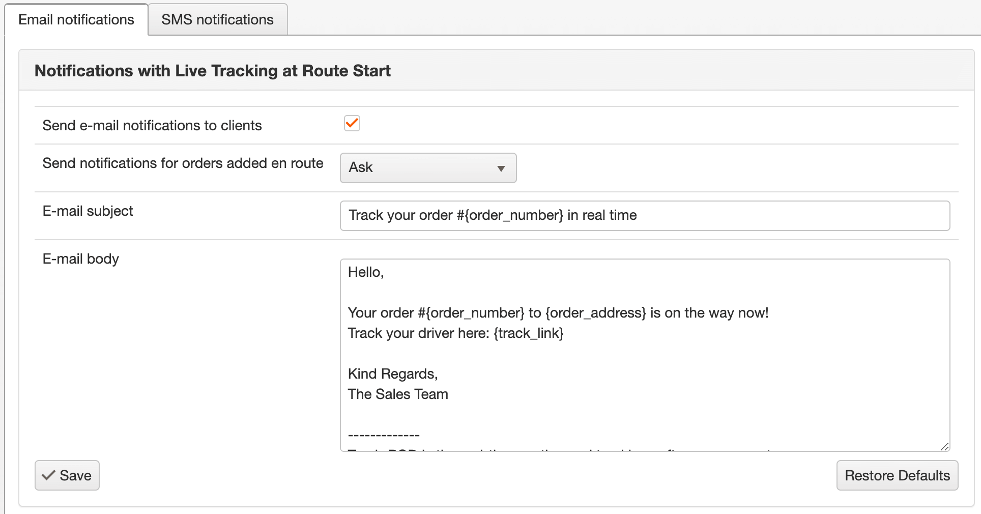 Delivery notifications Track POD