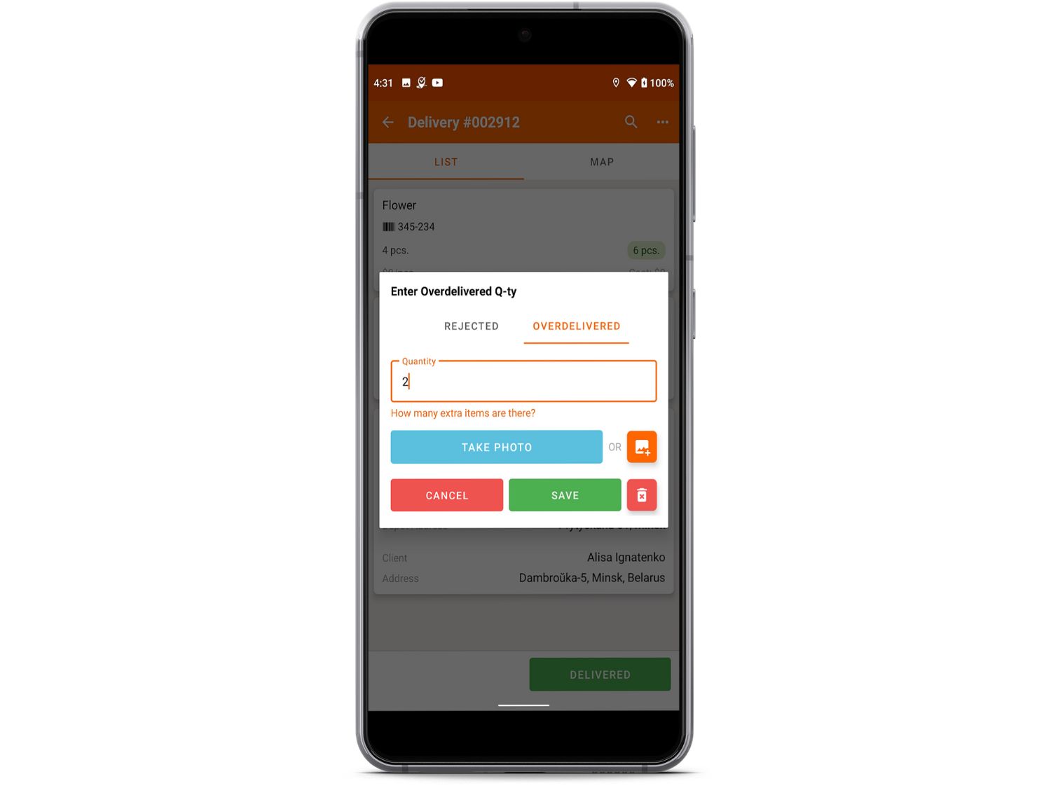Overdelivery in logistics app