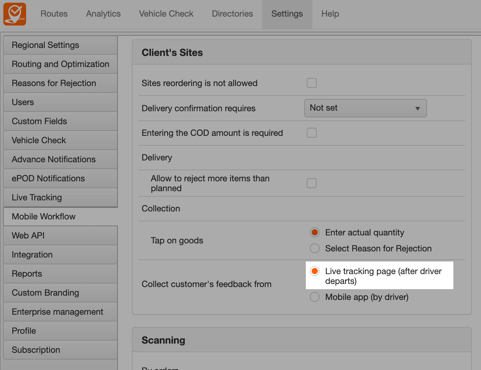 Real time feedback settings in Track POD