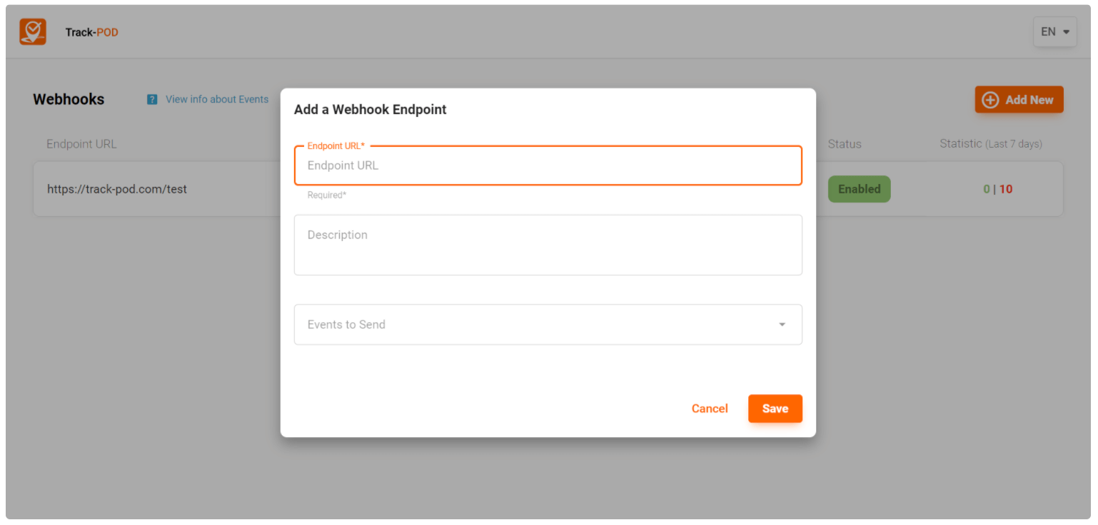 trackpod webhooks select event type